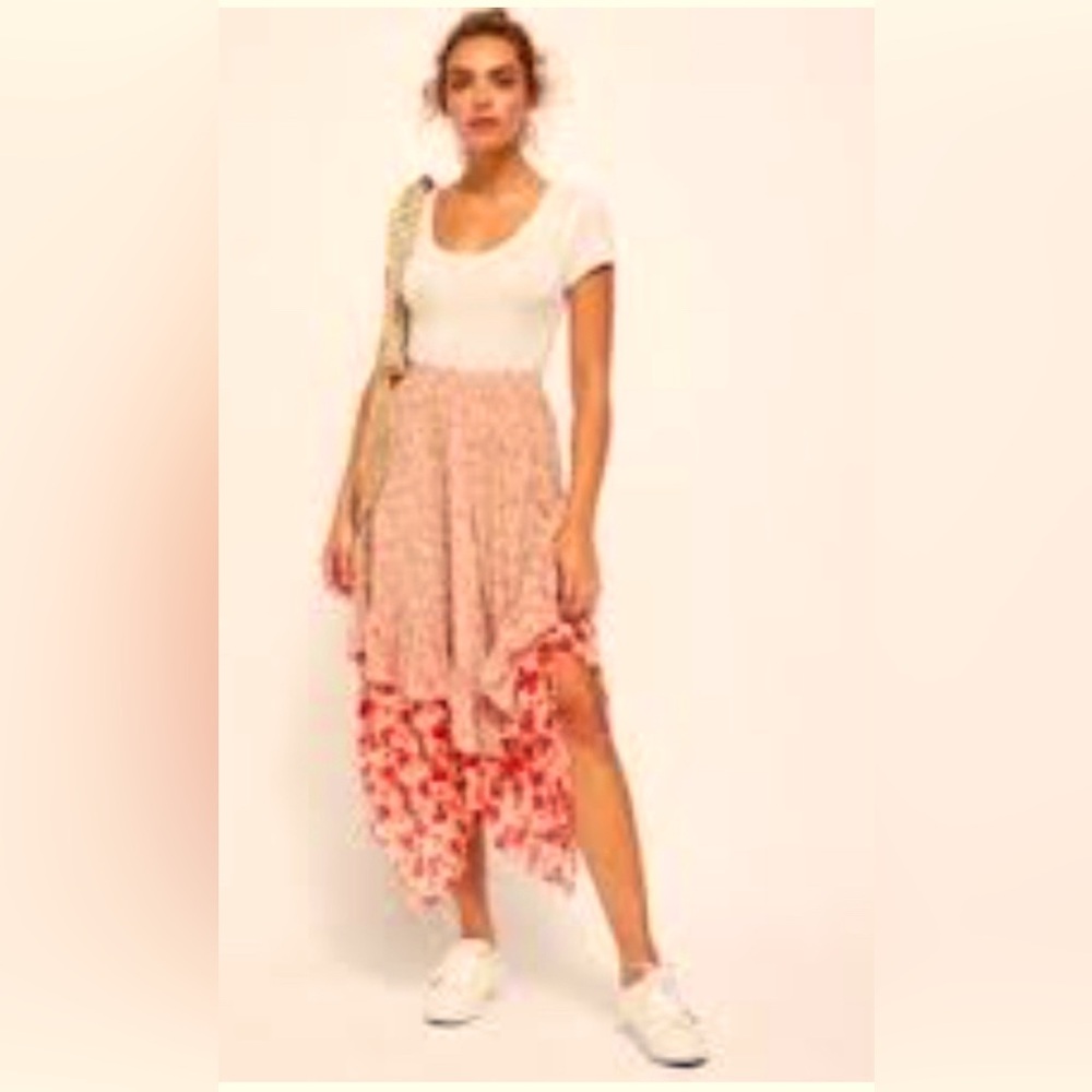 NWT  Free People Women's Zuma Drippy Floral Orange Midi Skirt Size 6